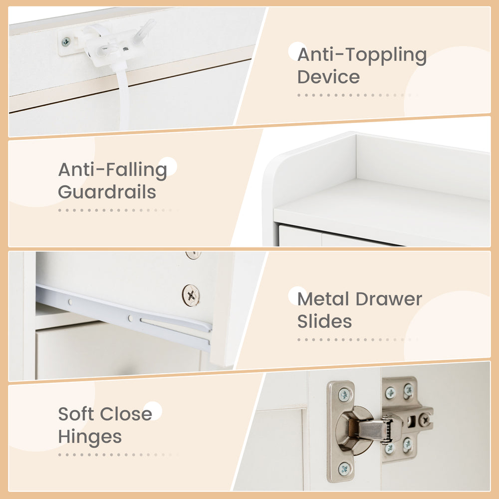 Close-up of the makeup vanity desk features, highlighting anti-toppling device, soft close hinges, and metal drawer.