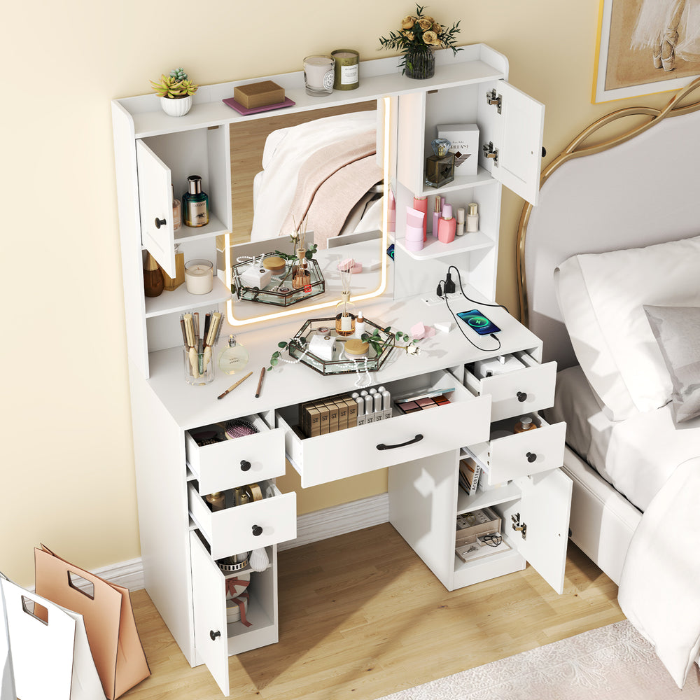 Top view of the makeup vanity desk in white, showcasing shelves, storage drawers, and a lighted mirror for efficient.