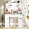 Makeup vanity desk in white featuring a lighted mirror, charging station, and ample storage with adjustable shelves.