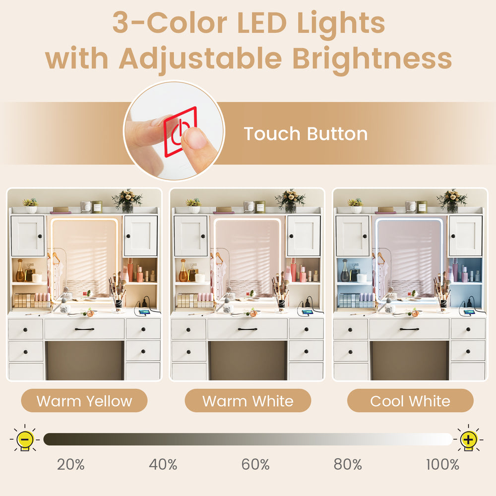 Makeup vanity desk featuring a lighted mirror with 3-color LED lights and adjustable brightness for versatile lighting.