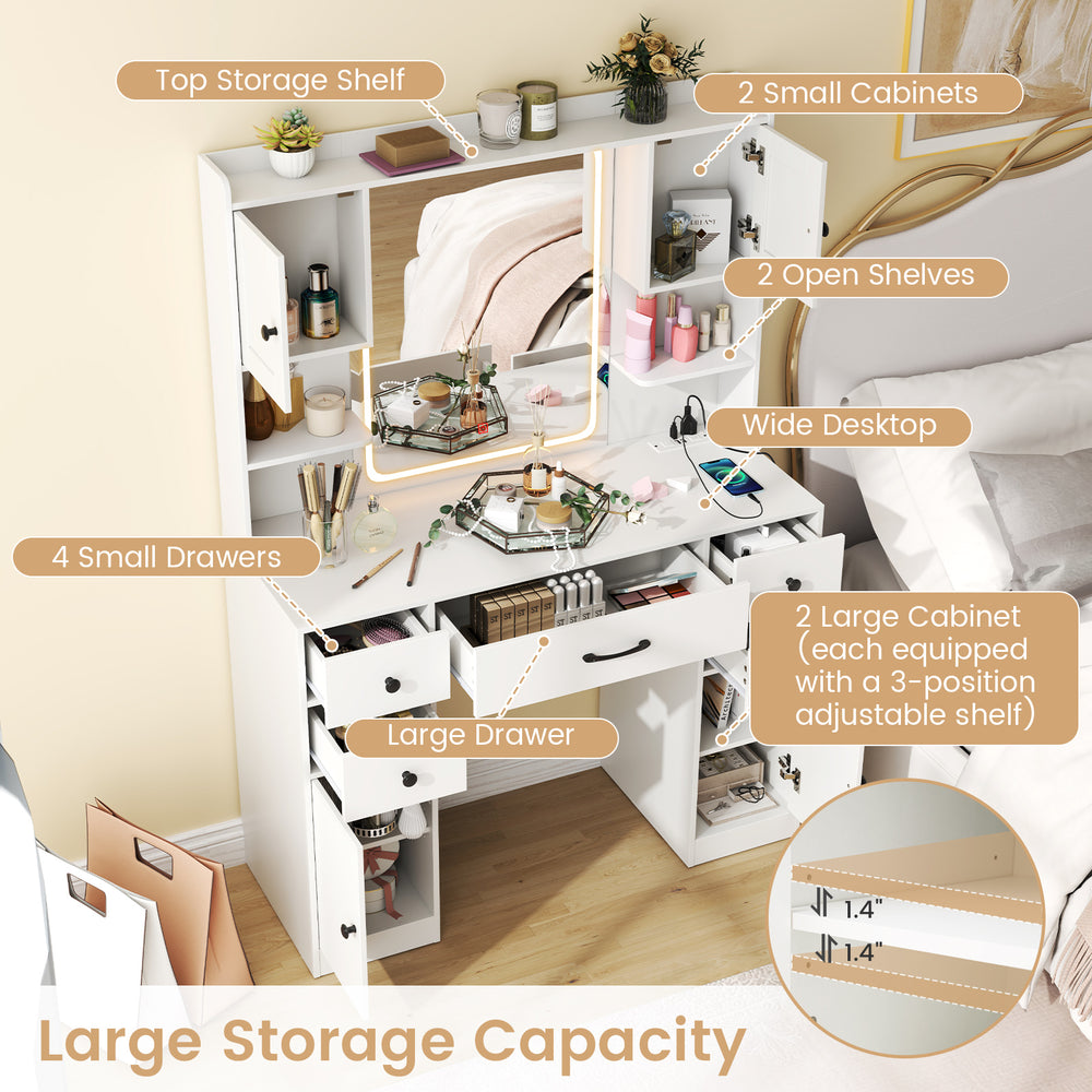 Makeup vanity desk in white featuring a lighted mirror, multiple storage options, and built-in charging station for.