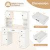 Makeup vanity desk in white with lighted mirror, storage drawers, and charging station, featuring adjustable shelves.