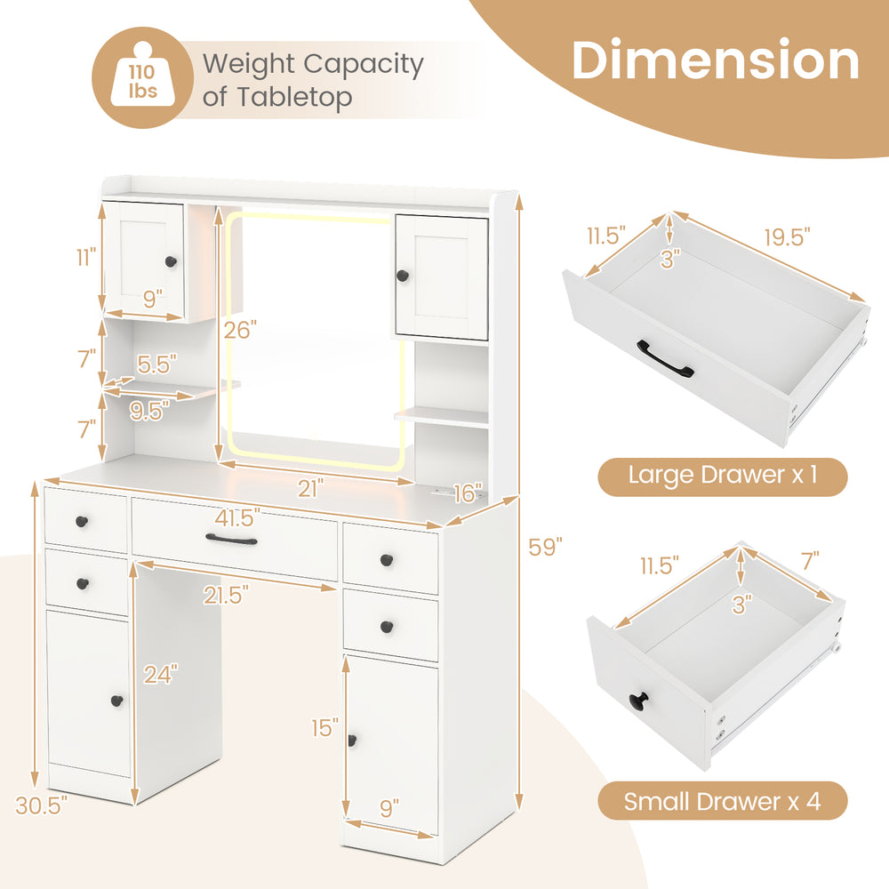 Makeup vanity desk in white with lighted mirror, storage drawers, and charging station, featuring adjustable shelves.