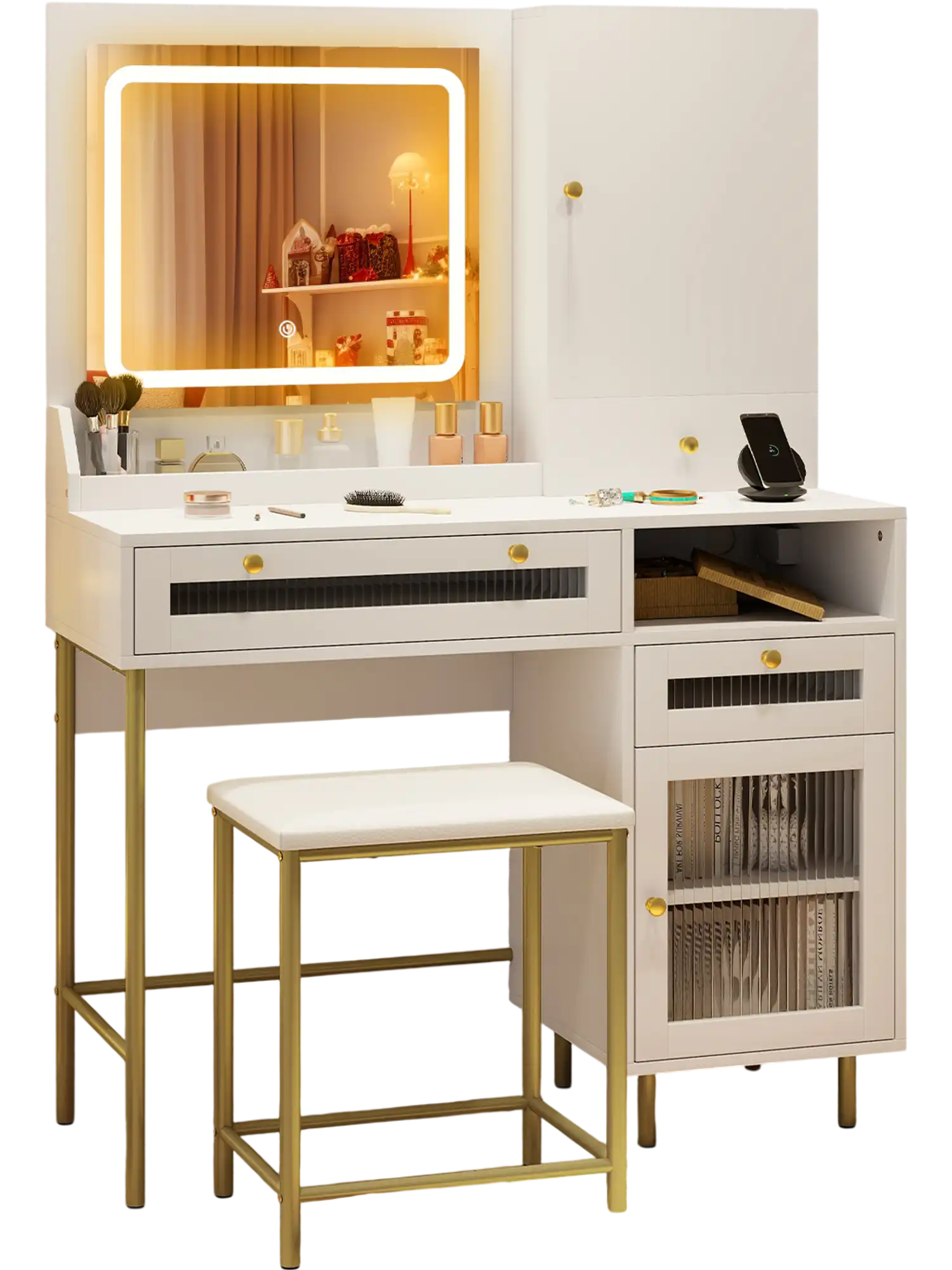Costway Modern Makeup Vanity Desk Mirror Lights Stool White 47183695 New