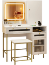White modern makeup vanity desk with large storage cabinet, adjustable LED mirror, and matching stool for elegant.