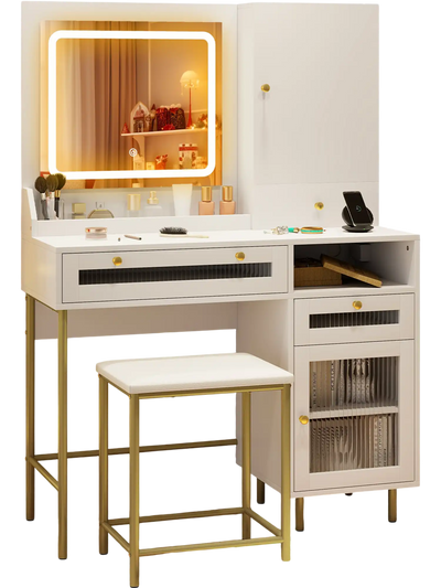 Costway Modern Makeup Vanity Desk Mirror Lights Stool White 47183695 New