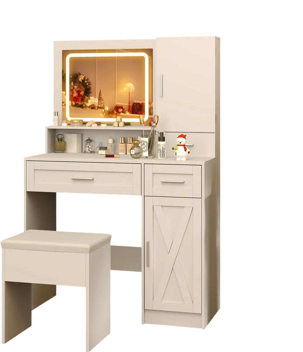 Makeup vanity desk in white with mirror, LED lights, storage cabinets, and matching stool for organized beauty.