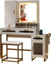 Makeup vanity desk set in white with lighted mirror, storage drawers, and matching stool, ideal for stylish.