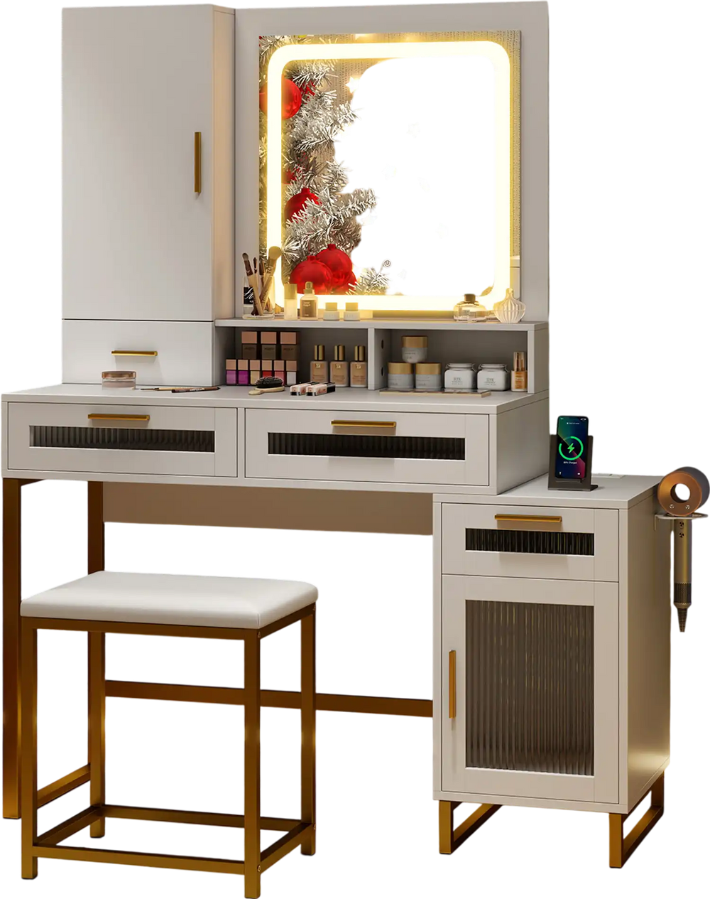 Makeup vanity desk set in white with lighted mirror, storage drawers, and matching stool, ideal for stylish.
