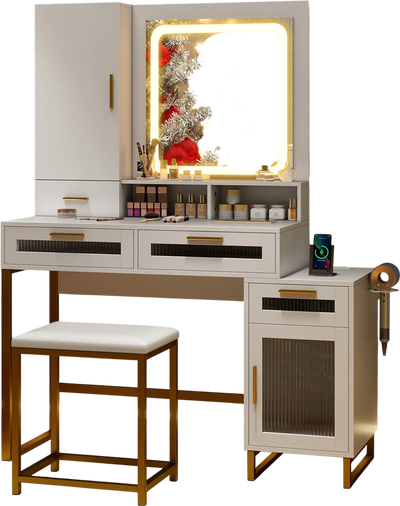 Costway Makeup Vanity Desk Dressing Table Stool Set Lighted Mirror White 28537461 New