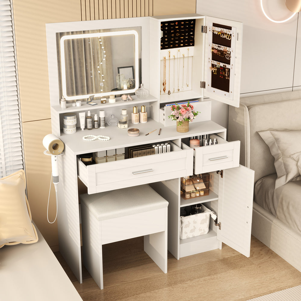 Makeup vanity desk in white with mirror, LED lights, and storage drawers, ideal for organized beauty routines.