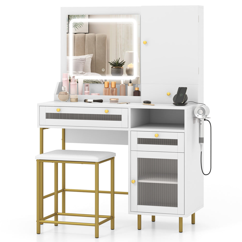 Modern makeup vanity desk in white with LED mirror, storage drawers, and matching stool for stylish organization.