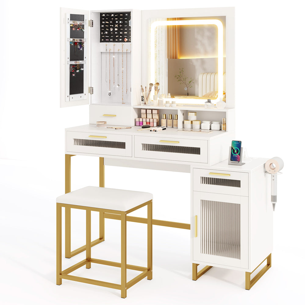 Makeup vanity desk set in white with lighted mirror, gold accents, and matching stool for stylish organization and.