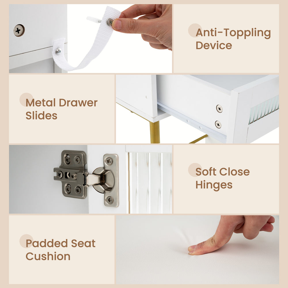 Close-up of the padded seat cushion and soft close hinges on the Modern Makeup Vanity Desk with Mirror and Lights.