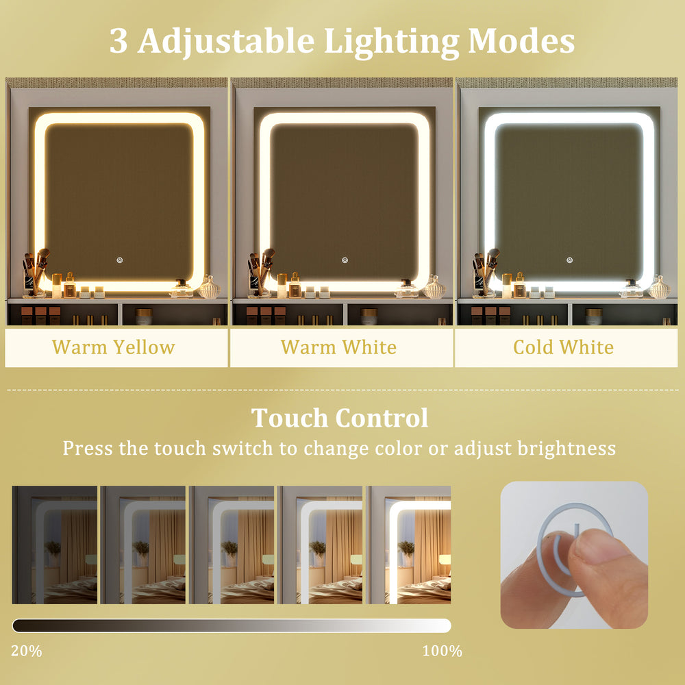 Adjustable LED mirror with three lighting modes for the Makeup Vanity Desk Dressing Table and Stool Set in white.