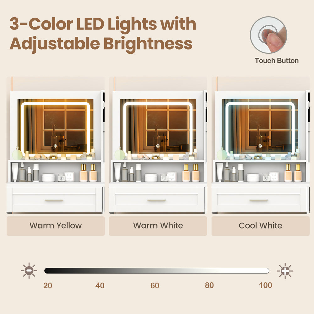 Makeup vanity desk with HD mirror and 3-color adjustable LED lights, featuring storage cabinets and matching stool.