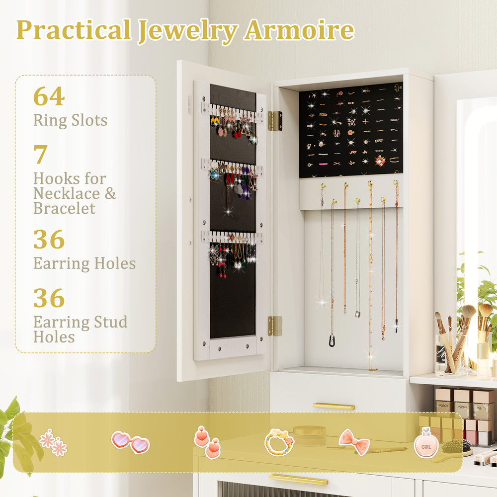 Jewelry armoire with 64 ring slots, 36 earring holes, and 7 hooks for organized storage in a stylish design.
