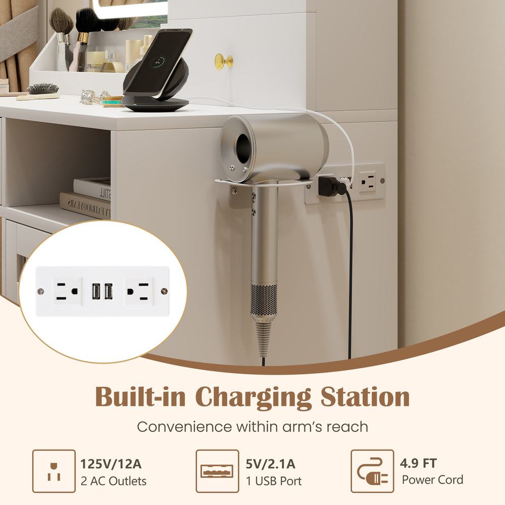Modern makeup vanity desk with built-in charging station, featuring USB ports and AC outlets for convenient device.