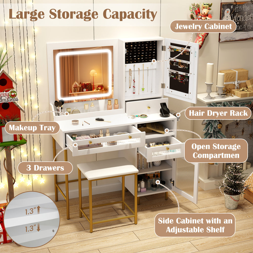 Modern makeup vanity desk in white with LED mirror, large storage, and matching stool for organized beauty essentials.