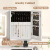Jewelry cabinet with 72 ring slots, 51 earring slots, and 7 hooks for organized storage in a modern vanity set.