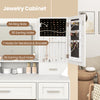 Jewelry cabinet with 64 ring slots, 36 earring holes, and hooks for necklaces, perfect for organized storage.