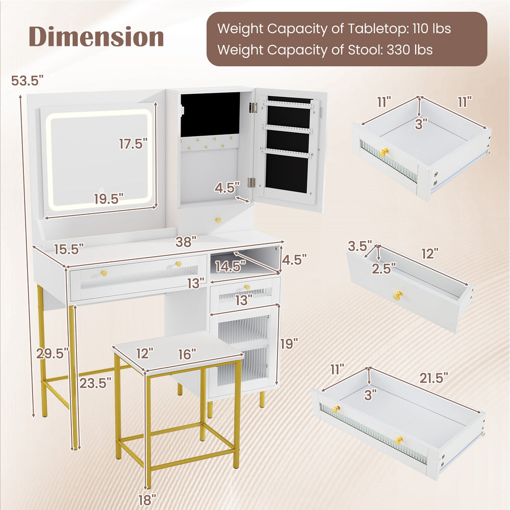 Modern makeup vanity desk with mirror, adjustable LED lights, and matching stool, featuring ample storage and USB ports.