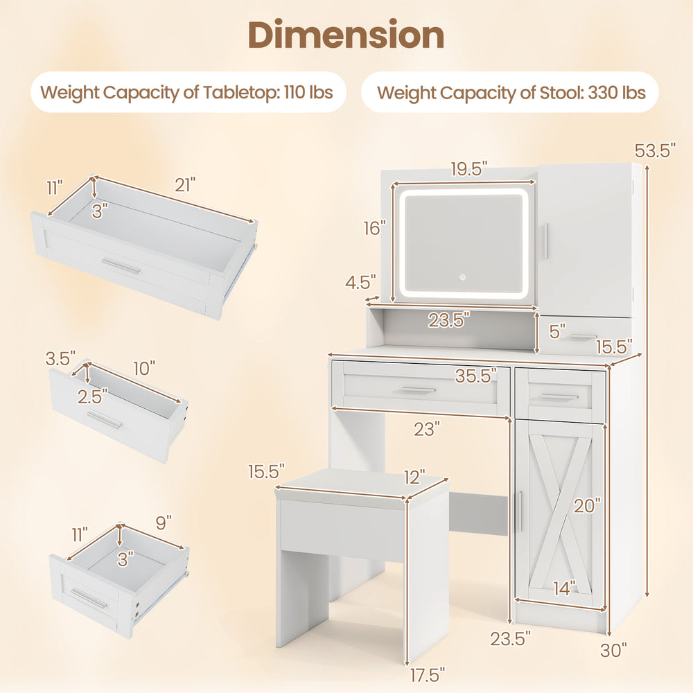 Makeup vanity desk with mirror and lights, featuring adjustable LED, storage drawers, and matching stool in white.