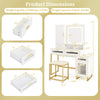 Makeup vanity desk dimensions with lighted mirror, white finish, and gold accents for stylish organization and storage.