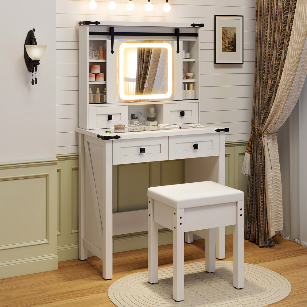 Makeup vanity desk in white with LED mirror, adjustable storage shelves, and matching stool for elegant beauty setup.