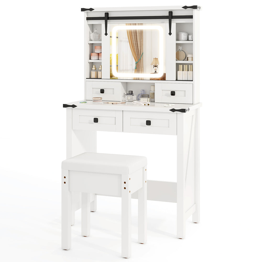 Makeup vanity desk in white with LED mirror, adjustable storage shelves, and matching stool for stylish organization.