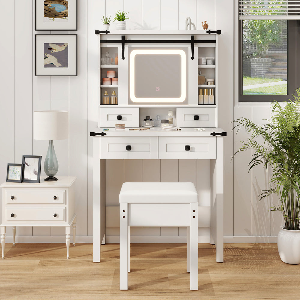 Makeup vanity desk in white with LED mirror, adjustable shelves, and matching stool for stylish storage and beauty.