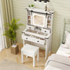 Makeup vanity desk in white with LED mirror, adjustable shelves, and matching stool for stylish bedroom organization.