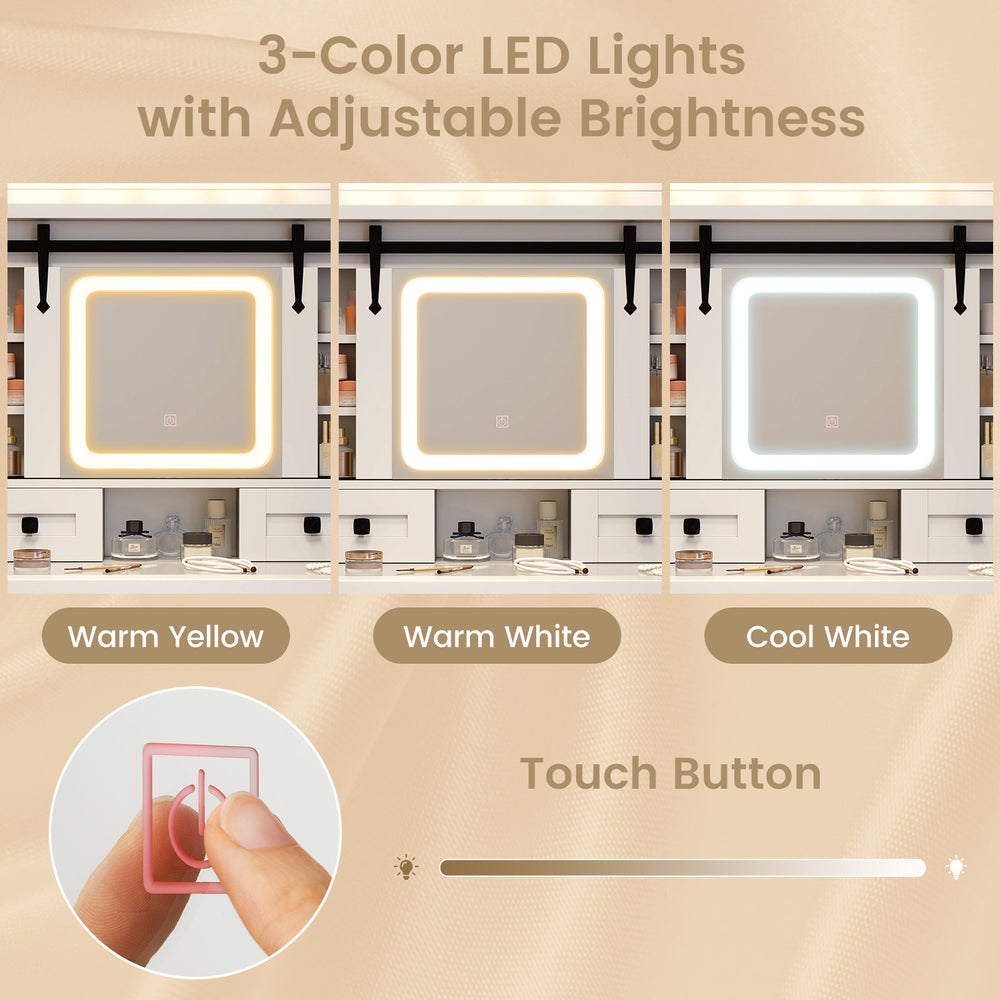 Makeup vanity desk with a 3-color LED mirror, featuring adjustable brightness and storage shelves, perfect for beauty.