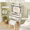 Makeup vanity desk in white with adjustable storage shelves, LED mirror, and multiple drawers for organized beauty.