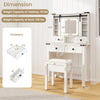 Makeup vanity desk in white with adjustable shelves, LED mirror, and matching stool for stylish organization.
