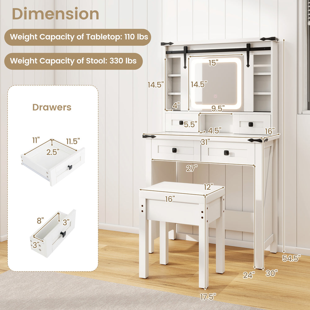 Makeup vanity desk in white with adjustable shelves, LED mirror, and matching stool for stylish organization.