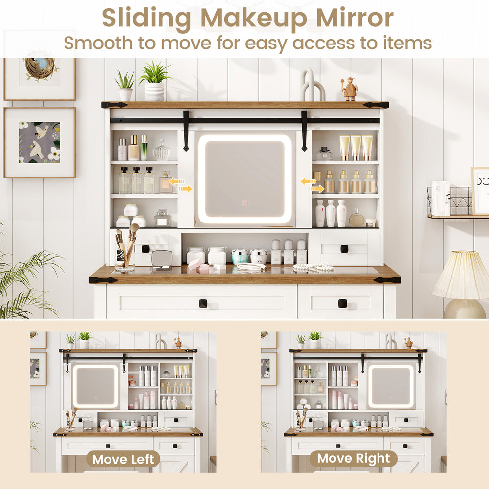 Sliding makeup mirror with 3-color LED lights and adjustable shelves for easy access to beauty items.