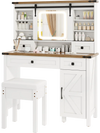 Makeup vanity desk in white with LED mirror, 6 shelves, 4 drawers, and matching stool for organized beauty storage.