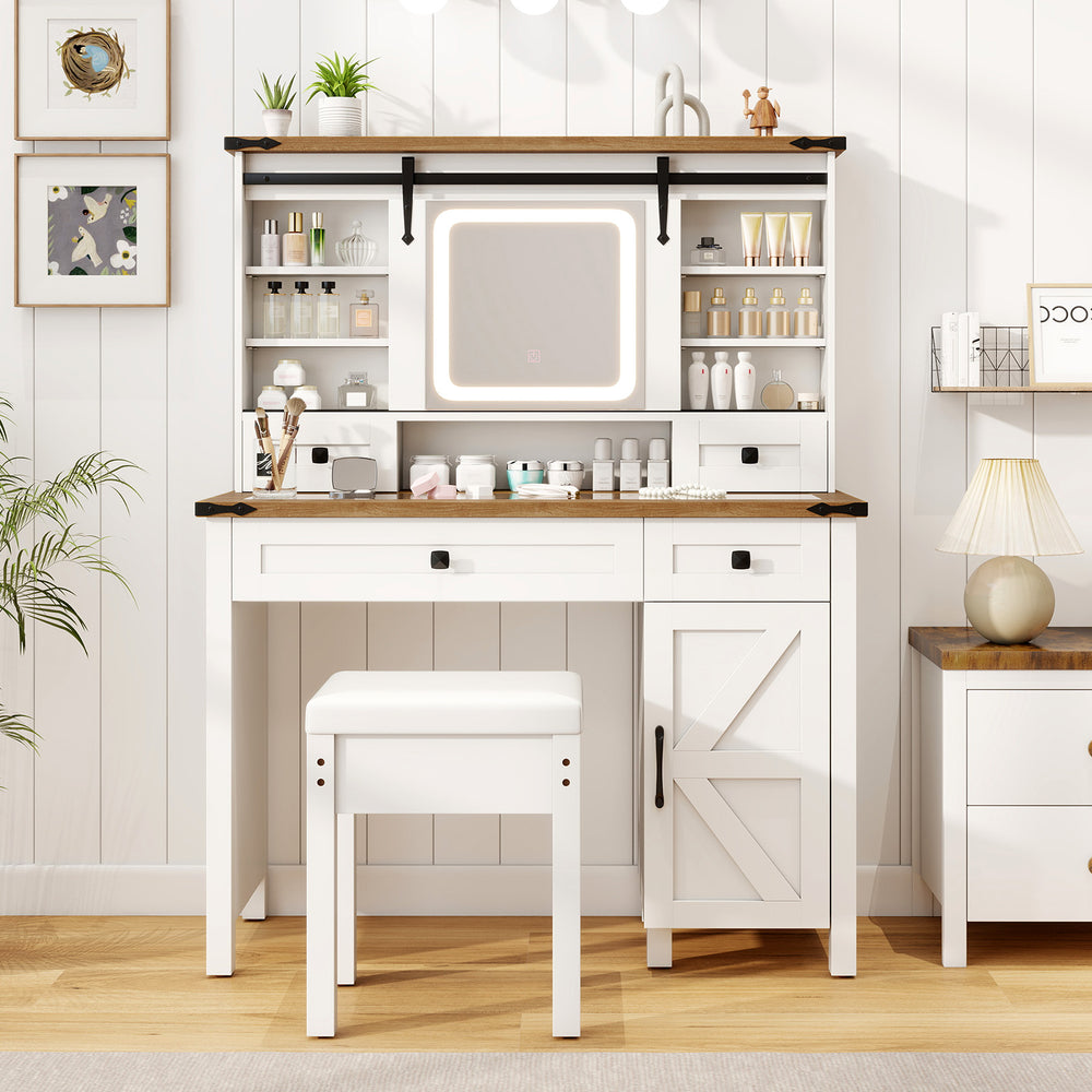 Makeup vanity desk with a sleek white finish, adjustable shelves, and a glass tabletop for stylish beauty storage and.