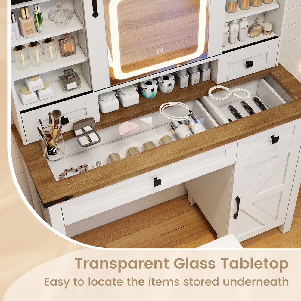 Makeup vanity desk with transparent glass tabletop, featuring 3-color dimmable LED lights and ample storage space.