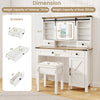 Makeup vanity desk in white with mirror, 3-color LED lights, 4 drawers, and adjustable shelves for organized storage.