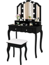Black makeup vanity table set featuring a tri-folding lighted mirror, cushioned stool, and spacious storage drawers.