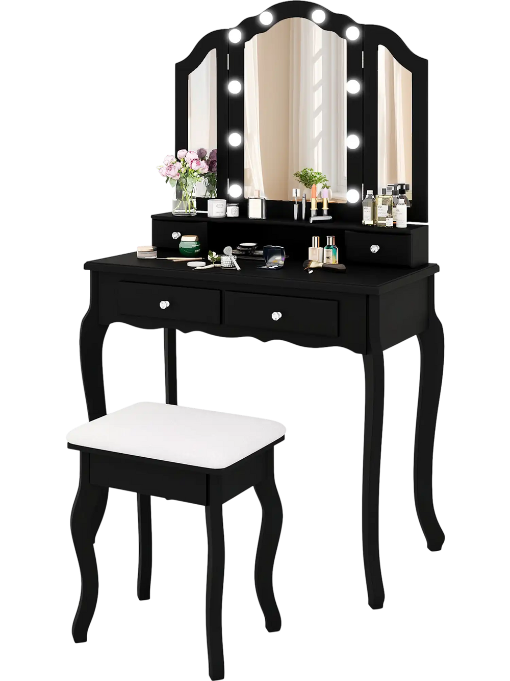 Black makeup vanity table set featuring a tri-folding lighted mirror, cushioned stool, and spacious storage drawers.