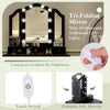 Tri-folding mirror with 10 dimmable LED lights, part of a black makeup vanity table set for enhanced beauty routines.