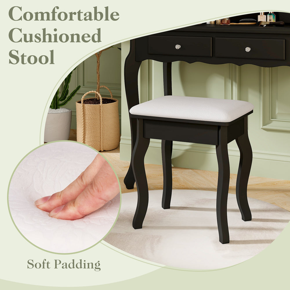 Cushioned stool with soft padding, designed for the Makeup Vanity Table Set, enhancing comfort and safety.