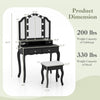 Makeup vanity table set in black with tri-folding mirror, adjustable brightness, and cushioned stool for comfort.