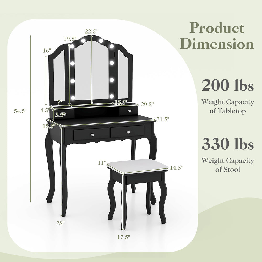 Makeup vanity table set in black with tri-folding mirror, adjustable brightness, and cushioned stool for comfort.