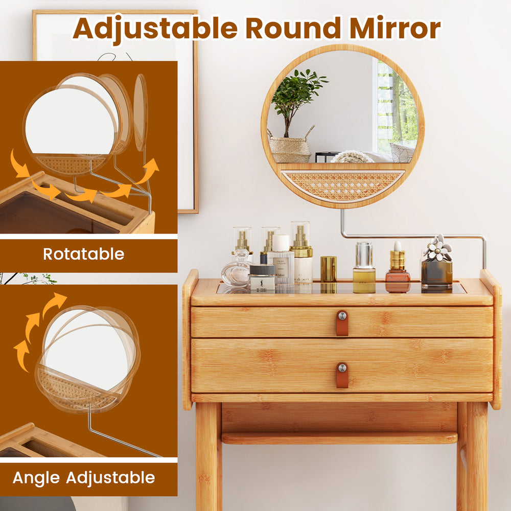 Adjustable round mirror on bamboo makeup vanity table with two storage drawers for convenient makeup application.
