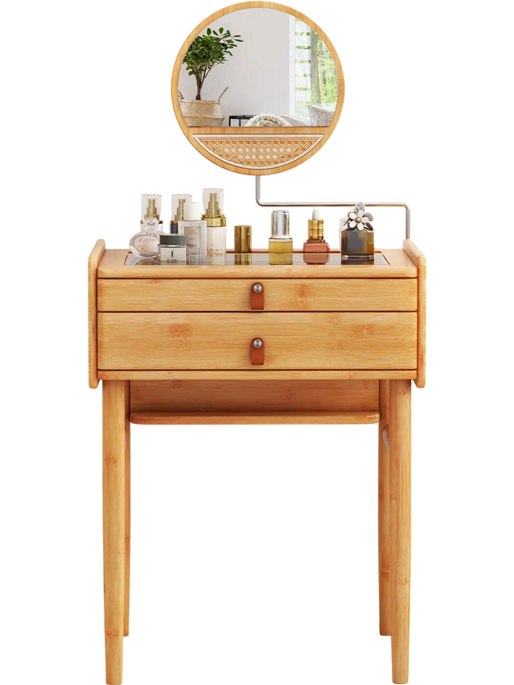 Bamboo makeup vanity table with mirror, featuring 2 storage drawers and tempered glass top for easy access to cosmetics.