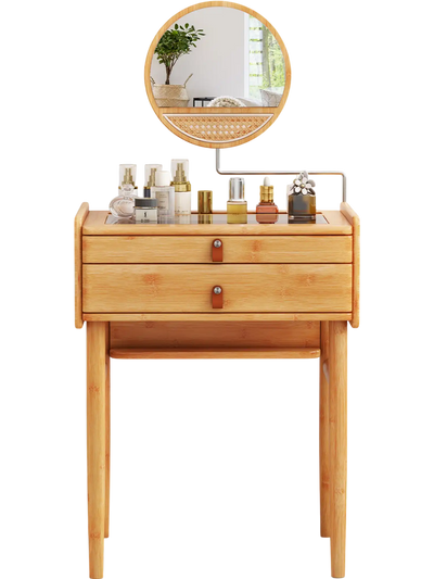 Costway Bamboo Makeup Vanity Table w/ Mirror 2 Storage Drawers 31526978 New
